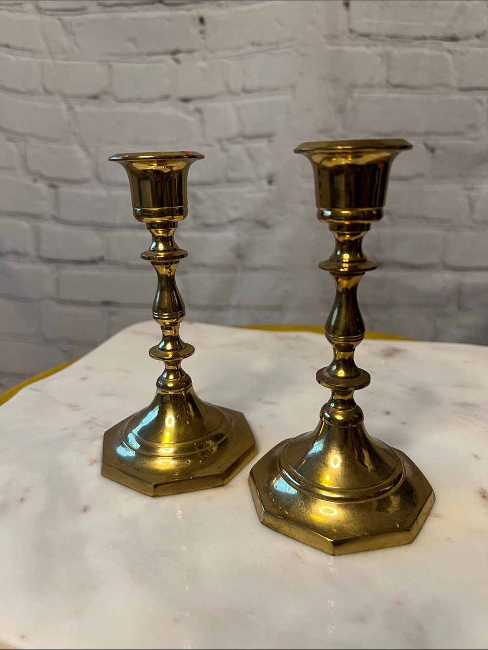 Vintage Brass Candlestick Holders Pair Octagonal Bases Made in India